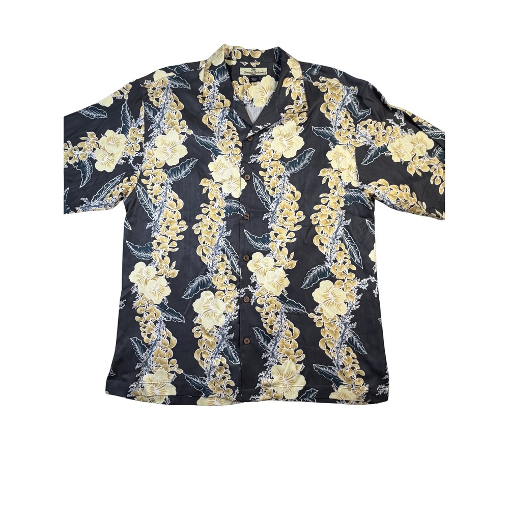 Tommy Bahama Mens L‎ Black Gold 100% Silk Floral Camp Shirt Short Sleeve